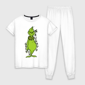 Женская пижама хлопок с принтом Naughty Grinch в Рязани, 100% хлопок | брюки и футболка прямого кроя, без карманов, на брюках мягкая резинка на поясе и по низу штанин | grinch | гринч | новый год | рождество