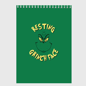 Скетчбук с принтом Resting Grinch Face в Рязани, 100% бумага
 | 48 листов, плотность листов — 100 г/м2, плотность картонной обложки — 250 г/м2. Листы скреплены сверху удобной пружинной спиралью | Тематика изображения на принте: grinch | гринч | новый год | рождество