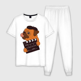 Мужская пижама хлопок с принтом Режиссёр Мопс в Рязани, 100% хлопок | брюки и футболка прямого кроя, без карманов, на брюках мягкая резинка на поясе и по низу штанин
 | дубль | кино | мопс | режиссер | собака | собаки | фильмы