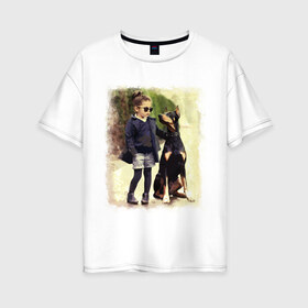 Женская футболка хлопок Oversize с принтом Девочка и доберман в Рязани, 100% хлопок | свободный крой, круглый ворот, спущенный рукав, длина до линии бедер
 | девочка | доберман | дружба | животные | собака