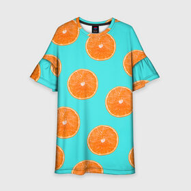 Детское платье 3D с принтом Апельсины в Рязани, 100% полиэстер | прямой силуэт, чуть расширенный к низу. Круглая горловина, на рукавах — воланы | Тематика изображения на принте: апельсин | апельсины | грейпфрукт | грейпфрут | разрез | сочный | фрукт