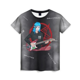 Женская футболка 3D с принтом Sally Face with a Guitar в Рязани, 100% полиэфир ( синтетическое хлопкоподобное полотно) | прямой крой, круглый вырез горловины, длина до линии бедер | fisher | larry johnson | mask | sally  face | sally fisher | sallyface | демоны | духи | маска | пентаграмма | призраки | рок | салли | салли фейс | салли фишер | фейс | шепот