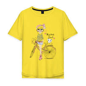 Мужская футболка хлопок Oversize с принтом Девушка с котиком в Рязани, 100% хлопок | свободный крой, круглый ворот, “спинка” длиннее передней части | велосипед | девочка | девушкам | кошки | красивая 