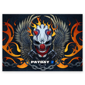 Поздравительная открытка с принтом Payday 2 в Рязани, 100% бумага | плотность бумаги 280 г/м2, матовая, на обратной стороне линовка и место для марки
 | Тематика изображения на принте: chains day | game | gun | mask | payday | payday 2 | payday2 | грабители | зло | игра | клоун | маска | ограбление | оружие | пистолет