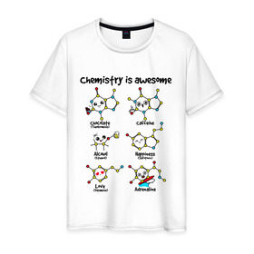 Мужская футболка хлопок с принтом Chemistry is awesome в Рязани, 100% хлопок | прямой крой, круглый вырез горловины, длина до линии бедер, слегка спущенное плечо. | adrenaline | alcohol | caffeine | chocolate | happiness | love | адреналин | атомы | кофеин | любовь | молекулы | потрясающая. наука | связи | счастье | удивительная | химия | шоколад