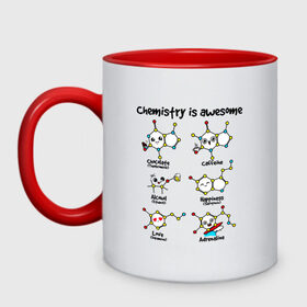 Кружка двухцветная с принтом Chemistry is awesome в Рязани, керамика | объем — 330 мл, диаметр — 80 мм. Цветная ручка и кайма сверху, в некоторых цветах — вся внутренняя часть | adrenaline | alcohol | caffeine | chocolate | happiness | love | адреналин | атомы | кофеин | любовь | молекулы | потрясающая. наука | связи | счастье | удивительная | химия | шоколад