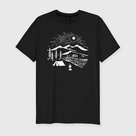 Мужская футболка премиум с принтом Поход в Рязани, 92% хлопок, 8% лайкра | приталенный силуэт, круглый вырез ворота, длина до линии бедра, короткий рукав | горы | костёр | лес | озеро | палатка | приключения | природа | путешествие | речка | солнце | турист