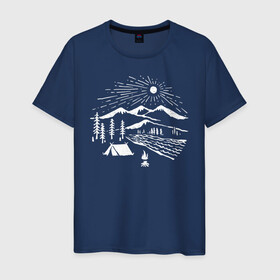 Мужская футболка хлопок с принтом Поход в Рязани, 100% хлопок | прямой крой, круглый вырез горловины, длина до линии бедер, слегка спущенное плечо. | горы | костёр | лес | озеро | палатка | приключения | природа | путешествие | речка | солнце | турист