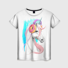 Женская футболка 3D с принтом Music Unicorn Art в Рязани, 100% полиэфир ( синтетическое хлопкоподобное полотно) | прямой крой, круглый вырез горловины, длина до линии бедер | волшебный | единорог | единорожик | единорожка | магия | музыка | пончик | пончики