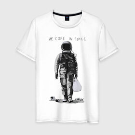 Мужская футболка хлопок с принтом Мы пришли с миром в Рязани, 100% хлопок | прямой крой, круглый вырез горловины, длина до линии бедер, слегка спущенное плечо. | арт | космонавт | космос | мир | мусор | экология