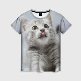Женская футболка 3D с принтом Котенок в Рязани, 100% полиэфир ( синтетическое хлопкоподобное полотно) | прямой крой, круглый вырез горловины, длина до линии бедер | голова | животные | кот | котенок | котик | кошка | мордочка | природа | язык