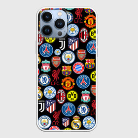 Чехол для iPhone 13 Pro Max с принтом ЛОГО ФУТБОЛЬНЫХ КОМАНД в Рязани,  |  | atletico madrid | barca | bayern munchen | chelsea | fc | football | juventus | liverpool | manchester city | manchester united | milan | pattern | real madrid | russia | барселона | паттерн