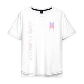 Мужская футболка хлопок Oversize с принтом BTS LOVE YOURSELF в Рязани, 100% хлопок | свободный крой, круглый ворот, “спинка” длиннее передней части | bangtan boys | bt21 | bts | bts army | bts stickers | j hope | jimin | jin | jungkook | k pop | rap monster | rapmon | suga | v | бтс | корея | стикеры bts