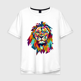 Мужская футболка хлопок Oversize с принтом Lion в Рязани, 100% хлопок | свободный крой, круглый ворот, “спинка” длиннее передней части | cat | geometry | leo | lion | polygonal | wild | геометрия | дикий | животное | кот | лев | хищник | яркий