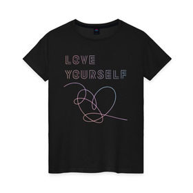 Женская футболка хлопок с принтом BTS LOVE YOURSELF в Рязани, 100% хлопок | прямой крой, круглый вырез горловины, длина до линии бедер, слегка спущенное плечо | Тематика изображения на принте: bangtan boys | bt21 | bts | bts army | bts stickers | j hope | jimin | jin | jungkook | k pop | rap monster | rapmon | suga | v | бтс | корея | стикеры bts