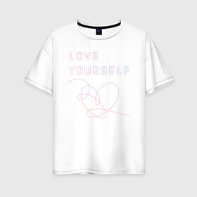 Женская футболка хлопок Oversize с принтом BTS LOVE YOURSELF в Рязани, 100% хлопок | свободный крой, круглый ворот, спущенный рукав, длина до линии бедер
 | bangtan boys | bt21 | bts | bts army | bts stickers | j hope | jimin | jin | jungkook | k pop | rap monster | rapmon | suga | v | бтс | корея | стикеры bts