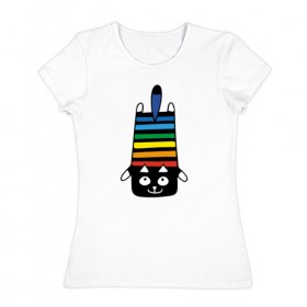 Женская футболка хлопок с принтом Rainbow cat в Рязани, 100% хлопок | прямой крой, круглый вырез горловины, длина до линии бедер, слегка спущенное плечо | black | cat | cool | creative | dark | design | halloween | hype | kitten | rainbow | vanguard | авангард | дизайн | кот | котенок | кошка | креатив | круто | радуга | темный | хайп | хэллоуин | черный