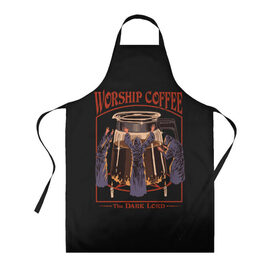 Фартук 3D с принтом Worship Coffee в Рязани, 100% полиэстер | общий размер — 65 х 85 см, ширина нагрудника — 26 см, горловина — 53 см, длина завязок — 54 см, общий обхват в поясе — 173 см. Принт на завязках и на горловине наносится с двух сторон, на основной части фартука — только с внешней стороны | 80 е | 80s | 90 е | 90s | oldschool | retro | retrowave | stranger thing | vintage | винтаж | олдскул | ретро | ретровейв | странные дела