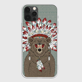 Чехол для iPhone 12 Pro Max с принтом Медведь индеец в Рязани, Силикон |  | animal | bear | braids | feathers | in | взгляд | голова | графика | дикий | животное | индеец | ирокез | картинка | косы | красивый | крутой | лучший | медведь | мода | модный | молодёжная | орнамент | перья | природа