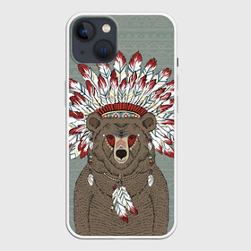 Чехол для iPhone 13 с принтом Медведь индеец в Рязани,  |  | animal | bear | braids | feathers | in | взгляд | голова | графика | дикий | животное | индеец | ирокез | картинка | косы | красивый | крутой | лучший | медведь | мода | модный | молодёжная | орнамент | перья | природа