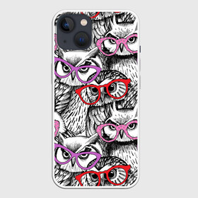 Чехол для iPhone 13 с принтом Совы в Рязани,  |  | birds | li | night | owls | predators | red | белый | взгляд | горошек | графика | картинка | красивый | красный | крутой | лучший | мода | модный | молодёжная | ночные | очки | птицы | рисунок | розовый | сила | сиреневый