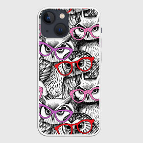 Чехол для iPhone 13 mini с принтом Совы в Рязани,  |  | Тематика изображения на принте: birds | li | night | owls | predators | red | белый | взгляд | горошек | графика | картинка | красивый | красный | крутой | лучший | мода | модный | молодёжная | ночные | очки | птицы | рисунок | розовый | сила | сиреневый