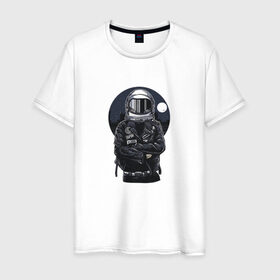 Мужская футболка хлопок с принтом Biker Astronaut в Рязани, 100% хлопок | прямой крой, круглый вырез горловины, длина до линии бедер, слегка спущенное плечо. | астронавт | байкер | вселенная | звезды | космонавт | космос | косуха | крутой | луна | наса | рок | шлем