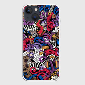 Чехол для iPhone 13 с принтом Music collage в Рязани,  |  | collage | instruments | music | musical | not | волны | гитары | графика | звёзды | инструменты | искусство | картинка | клавиши | коллаж | колонки | крутой | лучший | микрофоны | мода | модный | молодёжная | музыка