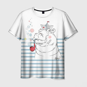 Мужская футболка 3D с принтом Бегемот моряк в Рязани, 100% полиэфир | прямой крой, круглый вырез горловины, длина до линии бедер | a | blush | bubbles | cap | deck | hippo | pipe | sailor | sea | ship | smokes | stripes | бегемот | графика | детский | искусство | картинка | корабль | крутой | лучший | мода | модный | молодёжная | море | моряк | палуба | пилотка | полосы