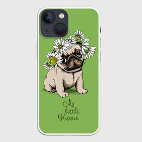 Чехол для iPhone 13 mini с принтом My little hippie в Рязани,  |  | breed | dog | hippie | kid | little | my | pug | puppy | wreath | венок | графика | зелёный | картинка | красивый | крутой | лучший | маленький | малыш | мода | модный | мой | молодёжная | мопс | порода | рисунок | ромашки | собака