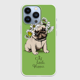 Чехол для iPhone 13 Pro с принтом My little hippie в Рязани,  |  | breed | dog | hippie | kid | little | my | pug | puppy | wreath | венок | графика | зелёный | картинка | красивый | крутой | лучший | маленький | малыш | мода | модный | мой | молодёжная | мопс | порода | рисунок | ромашки | собака