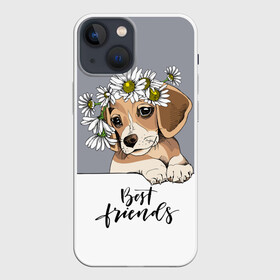 Чехол для iPhone 13 mini с принтом Best friend в Рязани,  |  | Тематика изображения на принте: backgroun | best | breed | daisies | dog | flowers | friend | green | kid | puppy | wreath | венок | графика | друг | зелёный | картинка | красивый | крутой | лучший | малыш | мода | модный | молодёжная | порода | рисунок | ромашки | собака