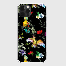 Чехол для iPhone 12 Pro с принтом Попугаи  в Рязани, силикон | область печати: задняя сторона чехла, без боковых панелей | parrots | ветки | графика | джунгли | искусство | картинка | красивый | красный | крутой | листья | мода | модный | молодёжная | орнамент | попугаи | рисунок | розовый | рукоделие | синий | стиль
