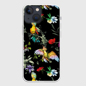 Чехол для iPhone 13 mini с принтом Попугаи в Рязани,  |  | parrots | ветки | графика | джунгли | искусство | картинка | красивый | красный | крутой | листья | мода | модный | молодёжная | орнамент | попугаи | рисунок | розовый | рукоделие | синий | стиль