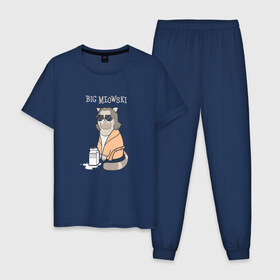 Мужская пижама хлопок с принтом Big Meowski в Рязани, 100% хлопок | брюки и футболка прямого кроя, без карманов, на брюках мягкая резинка на поясе и по низу штанин
 | Тематика изображения на принте: большой лебовски | боулинг | дюдя | кино | комедия | кот | котейка | котенок | котэ | кошка | молоко | хиппи | чувак | юмор