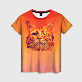Женская футболка 3D с принтом Подмигивающий кот (Low Poly) в Рязани, 100% полиэфир ( синтетическое хлопкоподобное полотно) | прямой крой, круглый вырез горловины, длина до линии бедер | cat | fox | kitty | low | lowpoly | poly | веселая | геометрия | грозовой кошак | желтая | кот | котейка | котофей | кошак | лиса | любителям кошек | низкополигональный | позитив | прикольная | рисунок | рыжая | узор