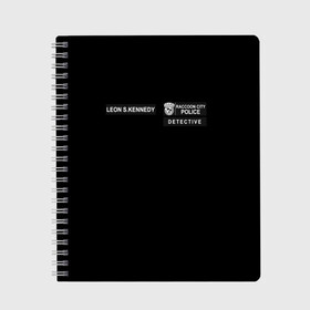 Тетрадь с принтом R P D LEON S KENNEDY в Рязани, 100% бумага | 48 листов, плотность листов — 60 г/м2, плотность картонной обложки — 250 г/м2. Листы скреплены сбоку удобной пружинной спиралью. Уголки страниц и обложки скругленные. Цвет линий — светло-серый
 | Тематика изображения на принте: ada wong | biohazard | game | gamer | leon | logo | mistic | raccoon city | re2 | resident evil 2 | rpd | stars | umbrella | ада вонг | амбрелла | зомби | игра | мистика | ужасы
