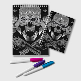 Блокнот с принтом Iron Maiden в Рязани, 100% бумага | 48 листов, плотность листов — 60 г/м2, плотность картонной обложки — 250 г/м2. Листы скреплены удобной пружинной спиралью. Цвет линий — светло-серый
 | Тематика изображения на принте: бас | британия | брюс дикинсон | гитара | группа | дева | железная | метал | нико макбрэйн | рок | стив харрис | хеви | яник герс