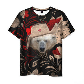 Мужская футболка 3D с принтом Медведь в ушанке в Рязани, 100% полиэфир | прямой крой, круглый вырез горловины, длина до линии бедер | звезда | мишка | патриот | роспись | русский | русь | сибирь | ссср | хохлома | шапка