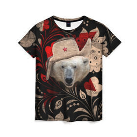 Женская футболка 3D с принтом Медведь в ушанке в Рязани, 100% полиэфир ( синтетическое хлопкоподобное полотно) | прямой крой, круглый вырез горловины, длина до линии бедер | звезда | мишка | патриот | роспись | русский | русь | сибирь | ссср | хохлома | шапка