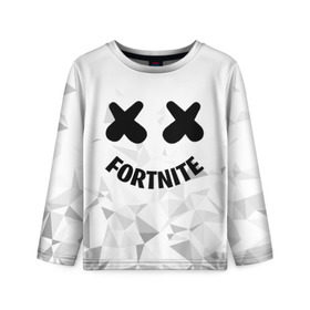 Детский лонгслив 3D с принтом FORTNITE x MARSHMELLO в Рязани, 100% полиэстер | длинные рукава, круглый вырез горловины, полуприлегающий силуэт
 | Тематика изображения на принте: 2019 | armor | armour | cybersport | esport | fortnite | game | llama | logo | броня | игра | киберспорт | лама | фиолетовый | фирменные цвета | фортнайт