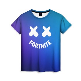 Женская футболка 3D с принтом FORTNITE x MARSHMELLO в Рязани, 100% полиэфир ( синтетическое хлопкоподобное полотно) | прямой крой, круглый вырез горловины, длина до линии бедер | 2019 | armor | armour | cybersport | esport | fortnite | game | llama | logo | броня | игра | киберспорт | лама | фиолетовый | фирменные цвета | фортнайт