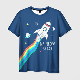 Мужская футболка 3D с принтом Rainbow space в Рязани, 100% полиэфир | прямой крой, круглый вырез горловины, длина до линии бедер | children | drawing | fire | flight | infinity | moon | planets | rainbow | rocket | space | stars | train | universe | wh | белый | бесконечность | вселенная | детский | звезды | космос | луна | надпись | огонь | планеты | полет | радуга | ракета | рисуно