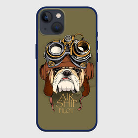 Чехол для iPhone 13 с принтом Air ship pilot в Рязани,  |  | aircraft | angry | animal | breed | bulldog | dog | pilot | predator | t | бульдог | взгляд | воздушное | графика | животное | злой | зуб | зубы | надпись | очки | пилот | порода | рисунок | самолет | синий | собака | судно | текст