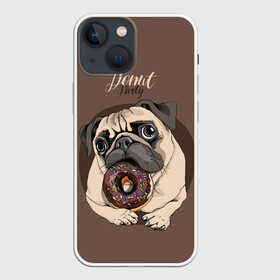 Чехол для iPhone 13 mini с принтом Donut party в Рязани,  |  | animal | baking | breed | chocolate | dog | donut | dr | eating | homemade | looking | party | pug | sweetness | вечеринка | выпечка | графика | домашнее | животное | картинка | кушает | мопс | надпись | пончик | порода | рисунок | сладость