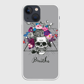 Чехол для iPhone 13 mini с принтом Breathe в Рязани,  |  | berr | bones | breathe | flowers | skeleton | skull | венок | графика | день мертвых | дышать | звезды | кости | ленты | лучи | мексика | праздник | рисунок | розы | серый | символ | скелет | треугольник | трубка | усы | фон