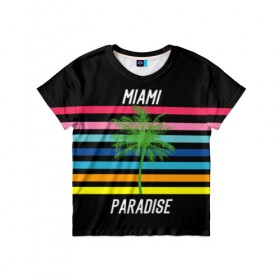 Детская футболка 3D с принтом Miami Paradise в Рязани, 100% гипоаллергенный полиэфир | прямой крой, круглый вырез горловины, длина до линии бедер, чуть спущенное плечо, ткань немного тянется | Тематика изображения на принте: america | city | colorful | drawing | grap | miami | palm tree | paradise | recreation | resort | stripes | tree | usa | world | америка | город | графика | дерево | курорт | майами | мировой | надпись | отдых | пальма | полосы | разноцветные | рай | рису