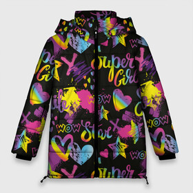 Женская зимняя куртка 3D с принтом Super Girl в Рязани, верх — 100% полиэстер; подкладка — 100% полиэстер; утеплитель — 100% полиэстер | длина ниже бедра, силуэт Оверсайз. Есть воротник-стойка, отстегивающийся капюшон и ветрозащитная планка. 

Боковые карманы с листочкой на кнопках и внутренний карман на молнии | girl | hearts | rainbow | raster | spectrum | splashes | spots | star | super | абстракция | брызги | графика | девушка | звезда | кислотный | любовь | мечта | надпись | праздник | пятна | радуга | растр | рисунок | сердца | спектр
