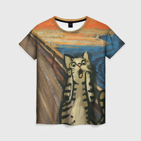 Женская футболка 3D с принтом Крик котика в Рязани, 100% полиэфир ( синтетическое хлопкоподобное полотно) | прямой крой, круглый вырез горловины, длина до линии бедер | cat | картина | кот | котик | котики | коты | котэ | кошак | крик | мем | приколы
