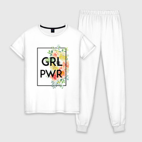Женская пижама хлопок с принтом GRL PWR в Рязани, 100% хлопок | брюки и футболка прямого кроя, без карманов, на брюках мягкая резинка на поясе и по низу штанин | 8 марта | feminism | girl power | like a girl | venus | весна | женщины | международный женский день | подарок | феминизм
